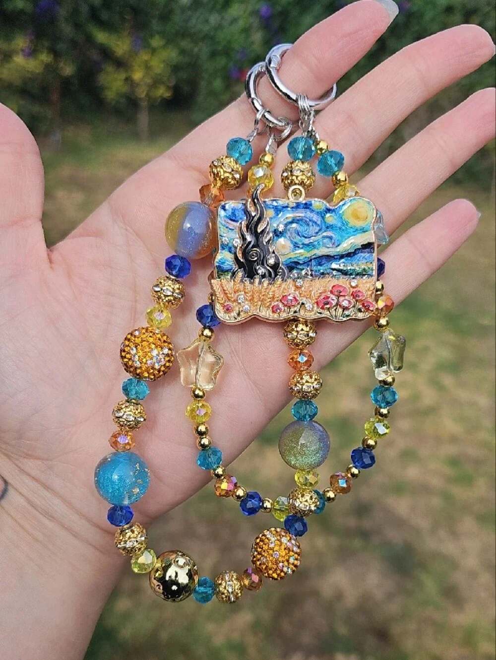 Handmade Beaded Keychain with Starry Night Van G. Landscape Charm - Blue & Gold
